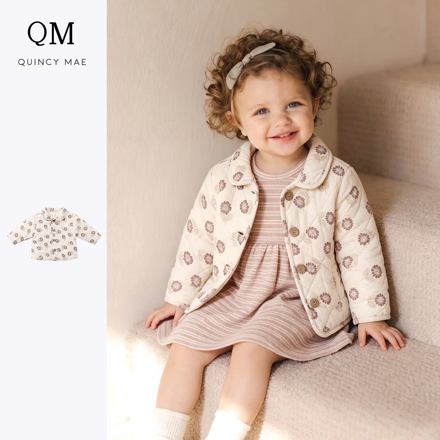 QuincyMae女童小花印花棉服翻领26秋新品纽扣外套云朵棉薄款棉服