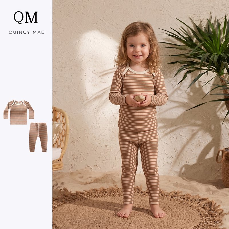 Quincy Mae童装夏秋新品棕色条纹长袖长裤套装家居服舒适休闲