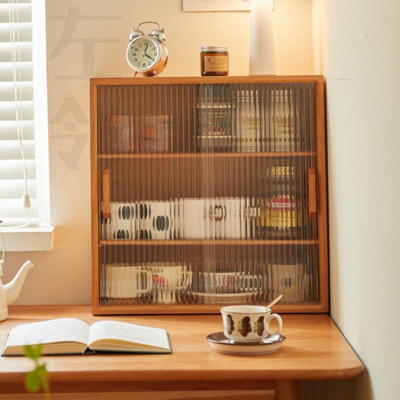 实木玻璃门收纳柜全樱桃木水杯茶具咖啡角收纳架手办展示柜置物架