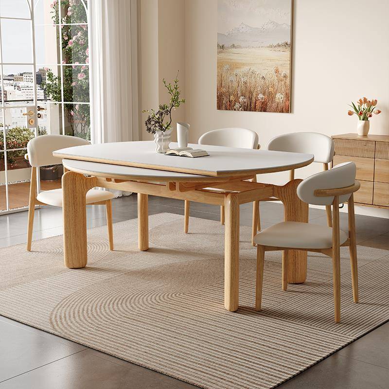 伸缩实木轻奢岩板餐桌椅组合家用现代简约小户型客厅可折叠吃饭桌