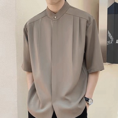 咖啡色短袖衬衫男夏季垂感立领冰丝衬衣上衣七分袖轻熟风男装