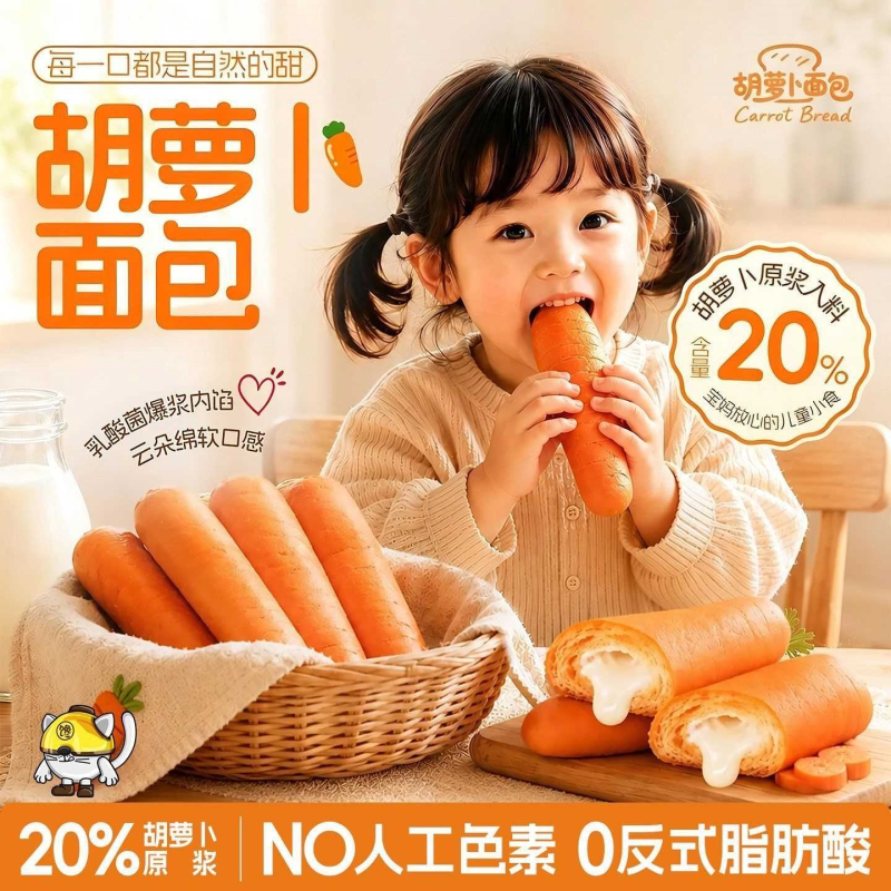 胡萝卜蓝莓夹心面包原浆奶香手撕酸奶夹心面包糕点儿童零食代餐