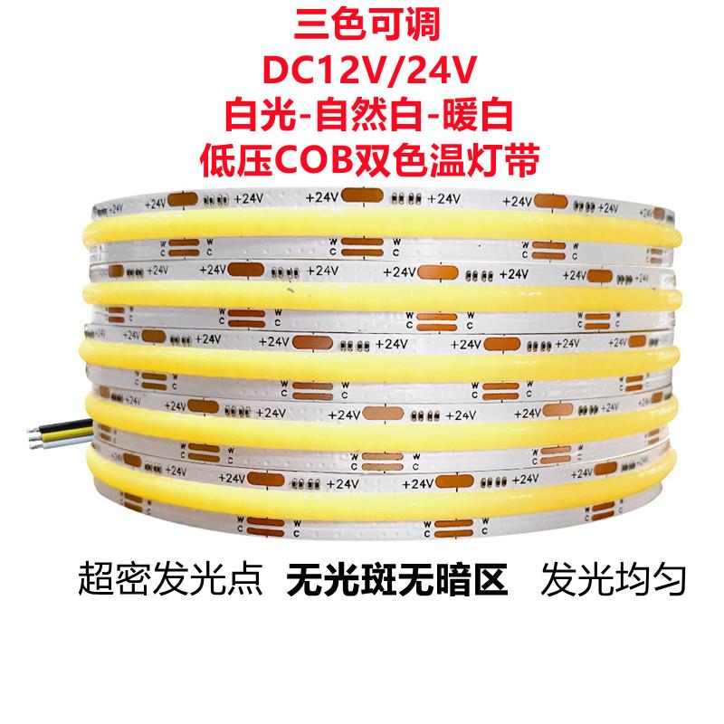 led低压12v三色变光双色温cob灯带24v高亮吊顶智能调光线型软灯条