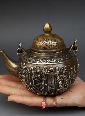 古玩铜器 仿古纯铜百子祝寿壶摆件 水壶茶壶家居装饰礼品收藏