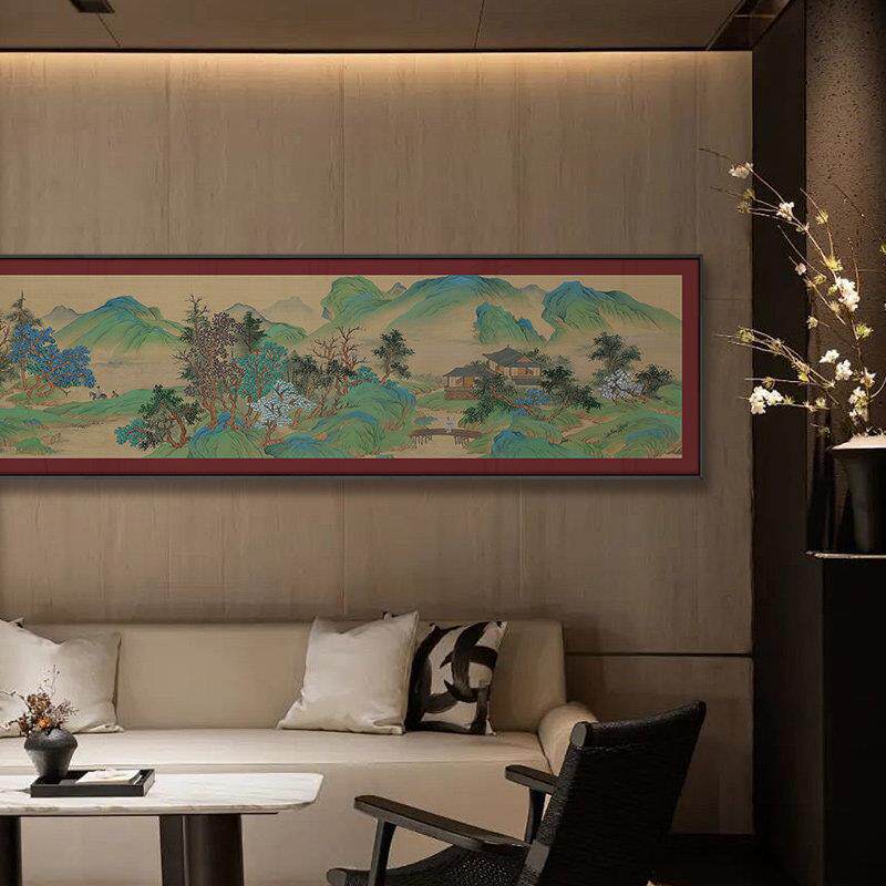 新中式公室大型会议室长条横幅青绿山水装饰画酒店会所茶室挂画