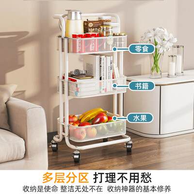 落地多层小推车置物架厨房收纳碳钢可移动婴儿用品储物架子滑轮