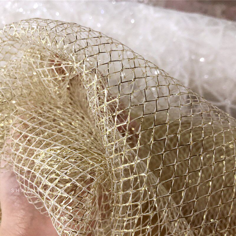 金色银丝菱形造型网纱网眼纱硬纱设计师面料大眼网纱布料大网格纱