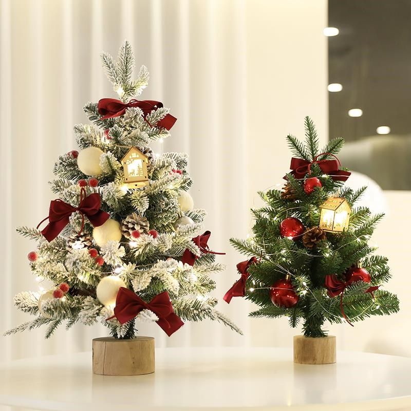 迷你圣诞树桌面摆件家用小桌上植绒落雪圣诞节装饰品场景氛围布置
