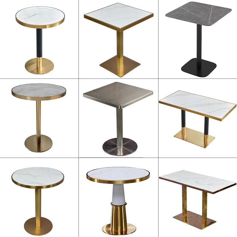 餐饮奶茶饭店咖啡西餐厅不锈钢餐桌金边大理石桌子岩板瓷砖长方形