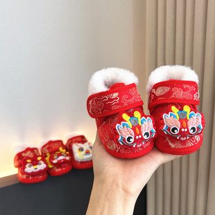 新生婴儿虎头鞋子秋冬季2-6个月8加绒加厚宝宝软底保暖棉鞋毛毛鞋