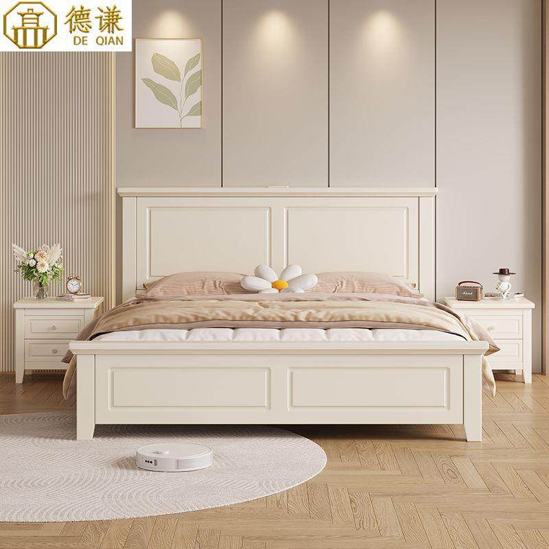 美式实木床白色1.8m主卧双人床现代简约奶油风1.5m公主床储物婚床