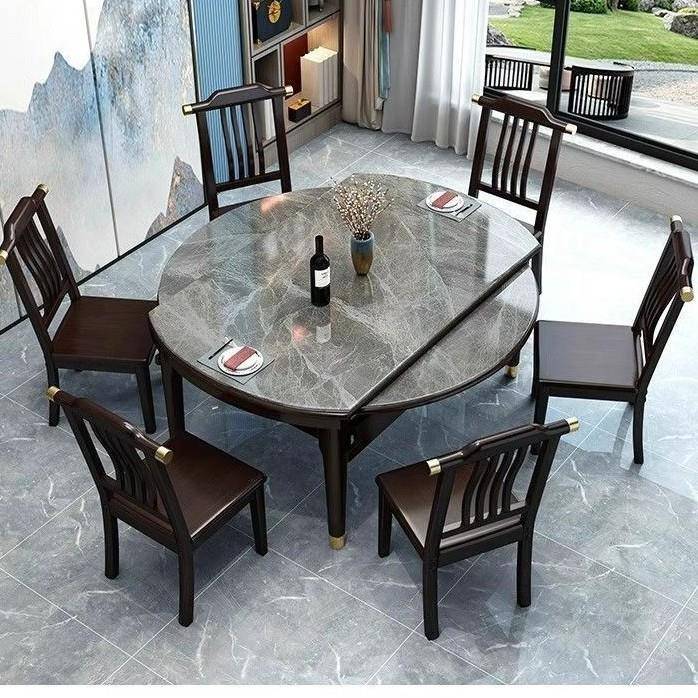 中式岩板餐桌方圆两用组合多功能可变饭桌实木小户型家用伸缩折叠