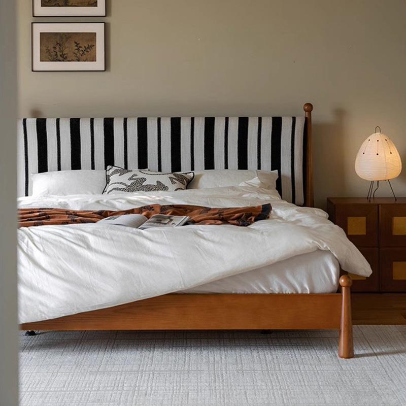 伊卡床中古风条纹实木双人布艺床布艺1.8米主人床法式复古婚床