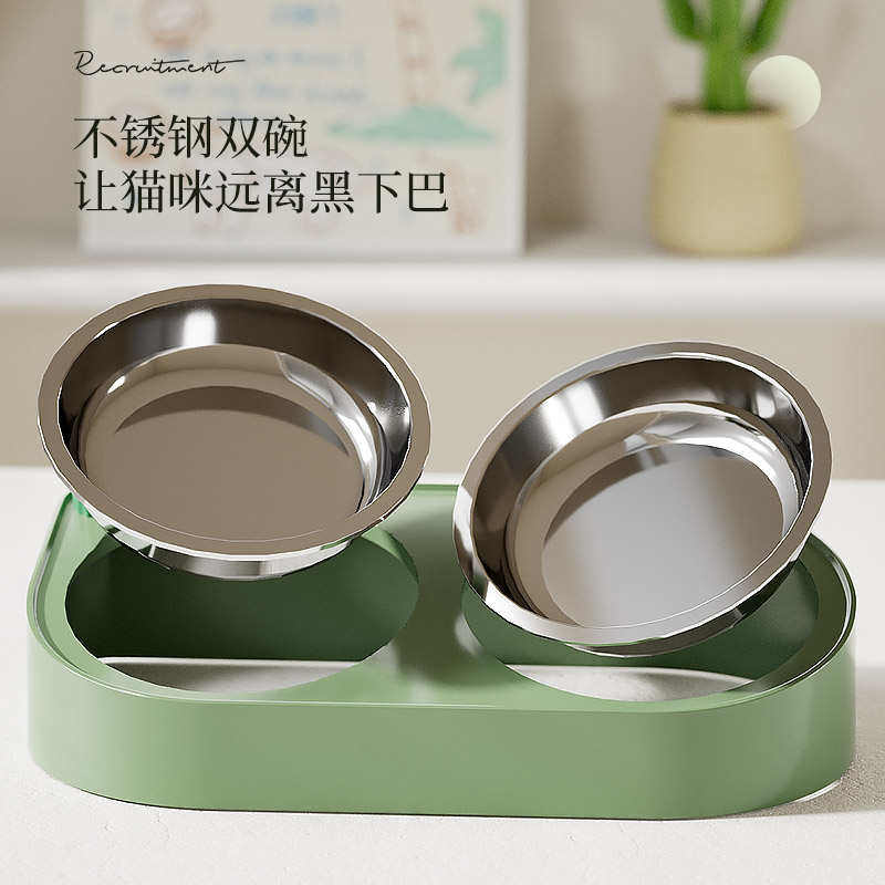 猫碗猫咪喂食不锈钢双碗宠物保护颈椎泰迪狗小猫喝水喂水饭盆用品