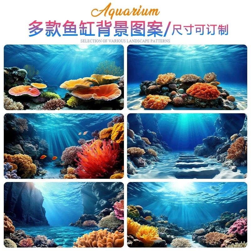 3d立体高清图海底珊瑚5d水族箱造景装饰贴纸新款高端鱼缸背景贴纸