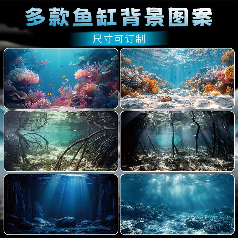 高清壁纸水族箱造景装饰画水草贴纸鱼缸背景画3D立体珊瑚石画纸
