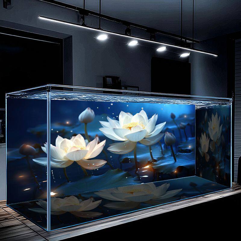 新款荷花鱼缸背景贴纸画高清3d立体图画高级水族箱造景装饰壁纸贴
