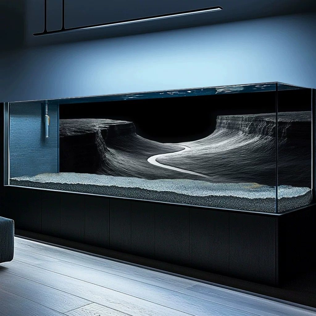 溪流缸造景装饰壁画新款峡谷黑色鱼缸5d立体高清图水族箱背景贴纸