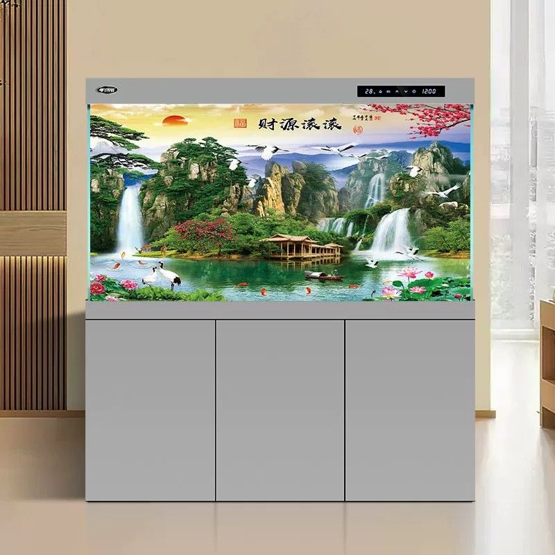 5d水族箱流水生财造景山水画鱼缸背景贴纸3d立体高清图壁纸装饰画