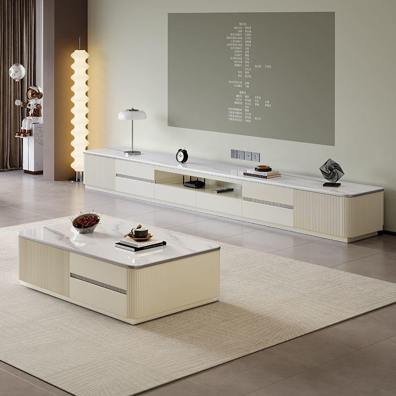 实木落地电视柜现代简约奶油风客厅家用电视机柜茶几组合岩板地柜