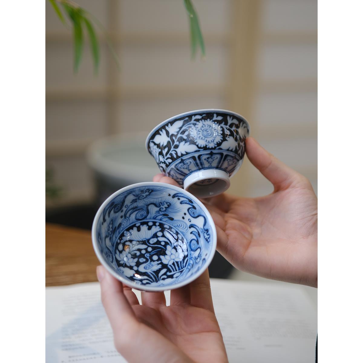 小谦山房一鹭莲升主人杯景德镇仿古元青花手工陶瓷品茗杯功夫茶具