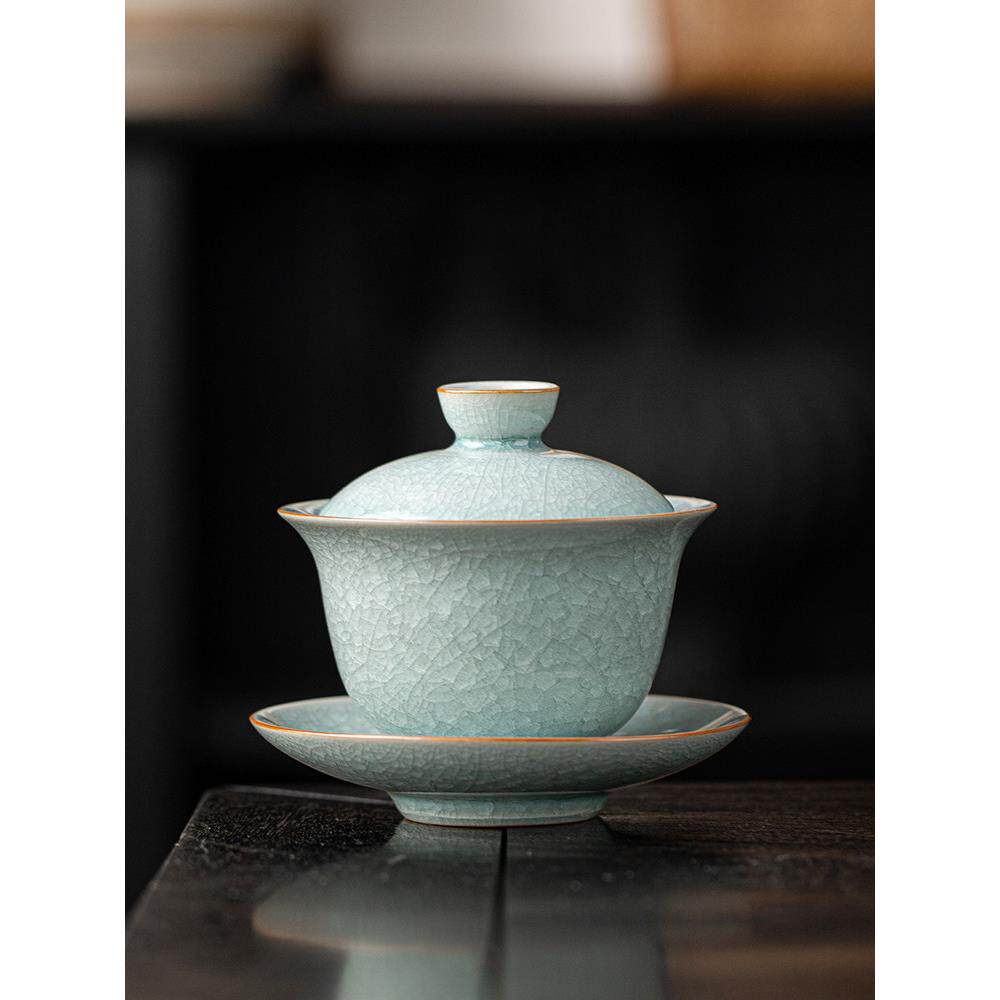 汝窑冰花三才盖碗茶杯单个茶具冰裂釉泡茶汝瓷三件套防烫手盖碗