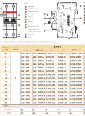 ABB小型断路器S200-D6空气开关S202/S203/S204单极双级三相D10D63