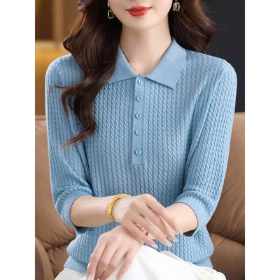 早秋新款衬衫领七分袖女POLO领女宽松显瘦外搭翻领纯色羊毛针织衫