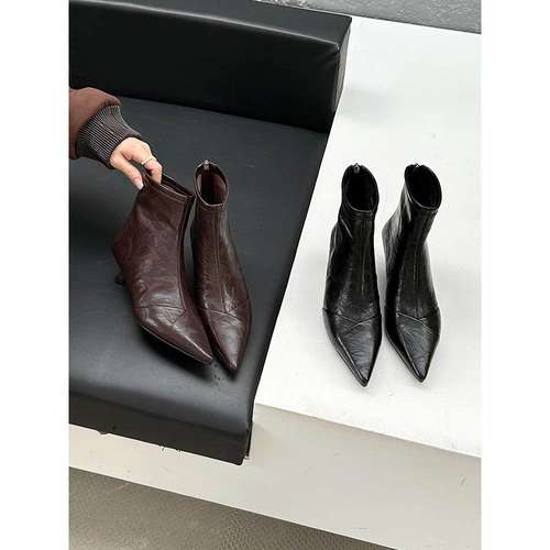 Yuda软皮黑色高跟短靴女式细高跟鞋尖头2025多功能工作服法国修身