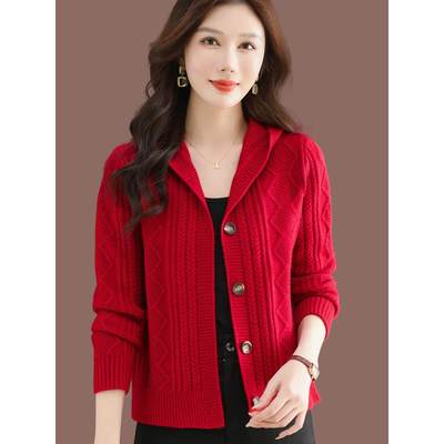 女士连帽卫衣短外套秋季2025新款春秋中年妈妈羊毛针织开衫上衣