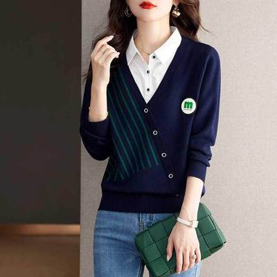 春秋2025新款女宽松气质假两件毛衣洋气减龄衬衫领针织打底衫上衣