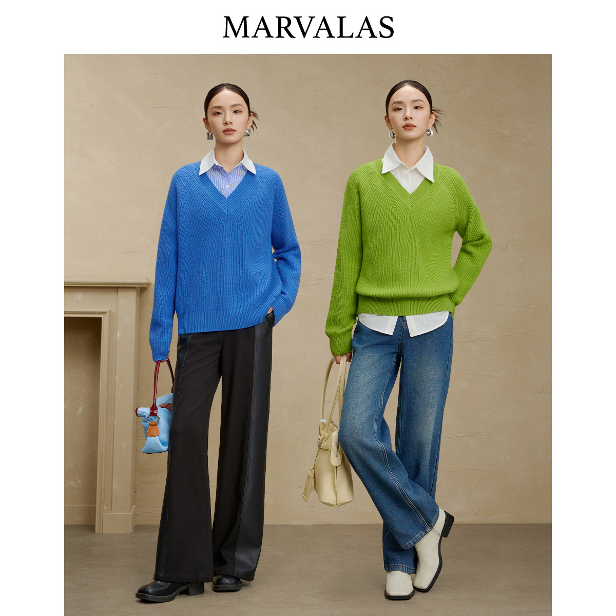 【粉丝专属】曼德诗绵羊毛混纺套头衫2025冬季新款纯色V领