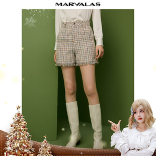 呼呼专享 流苏休闲裤 A版 女秋粗花呢格子阔腿裤 特卖M1100 短裤