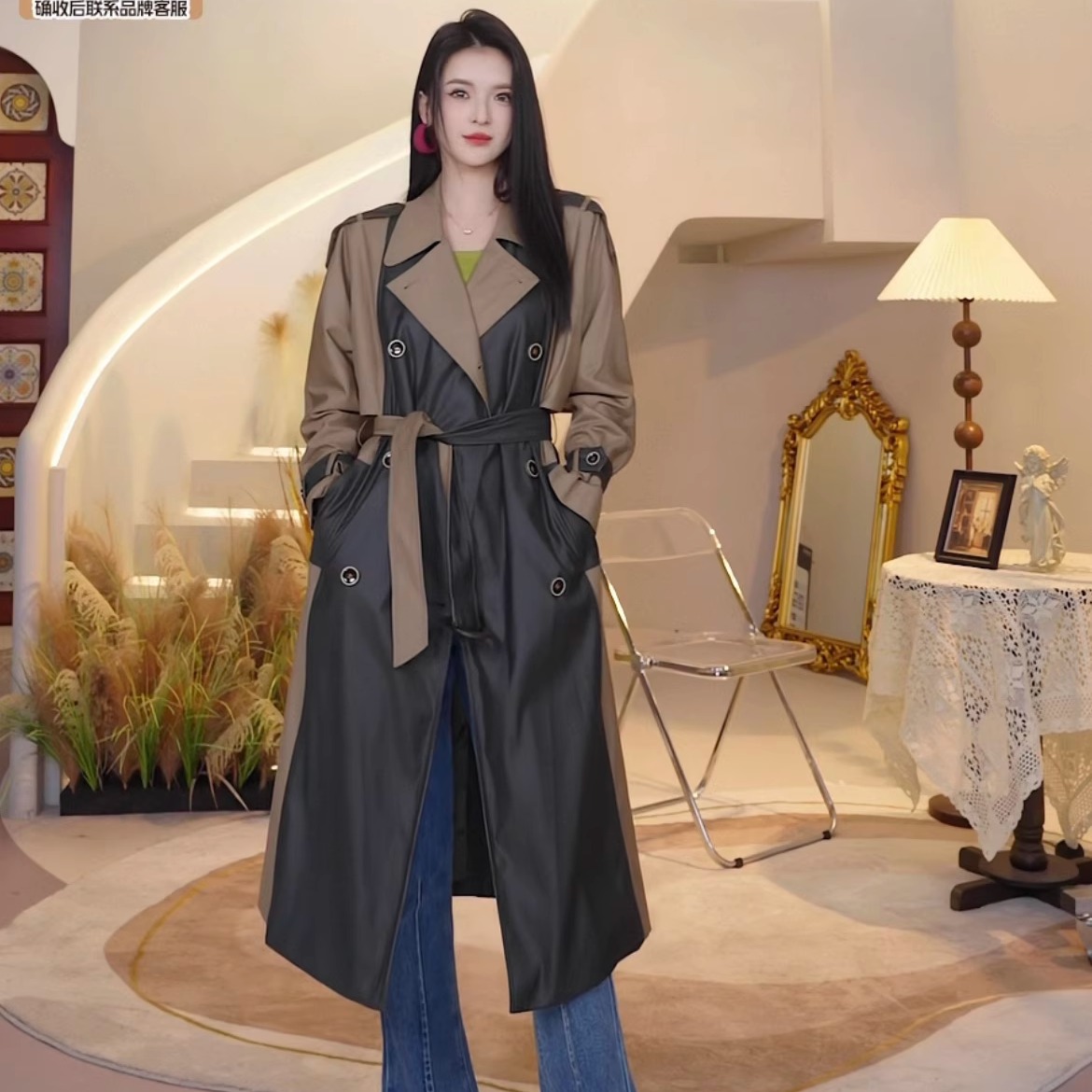 【呼呼专享】中长款风衣女秋季显瘦通勤垂感气质拼接色翻领外