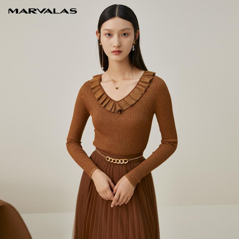 【呼呼严选专享】曼德诗荷叶边毛织套衫女2024秋季新款气质针织衫