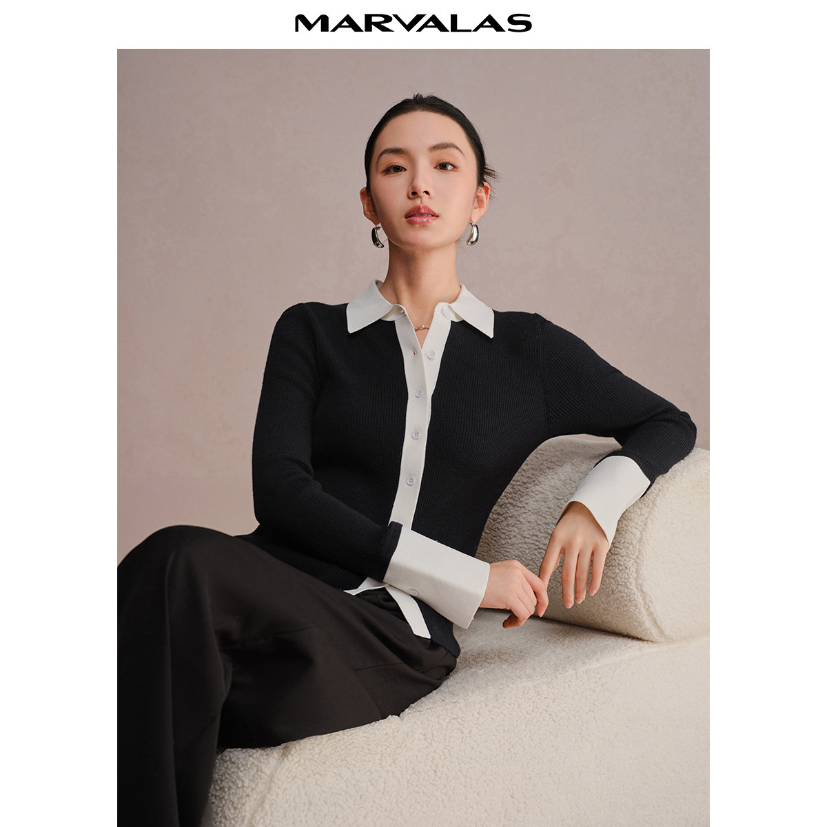 【粉丝专属】曼德诗短款撞色开衫2024冬季新品修身绵羊毛混纺针织