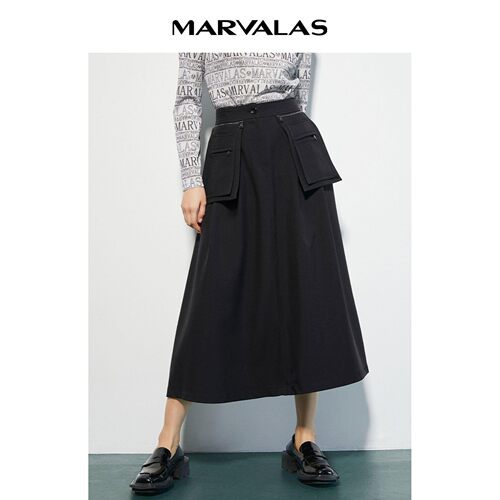 【达人专属】M230693#曼德诗黑色高腰半身裙女2022春季翻