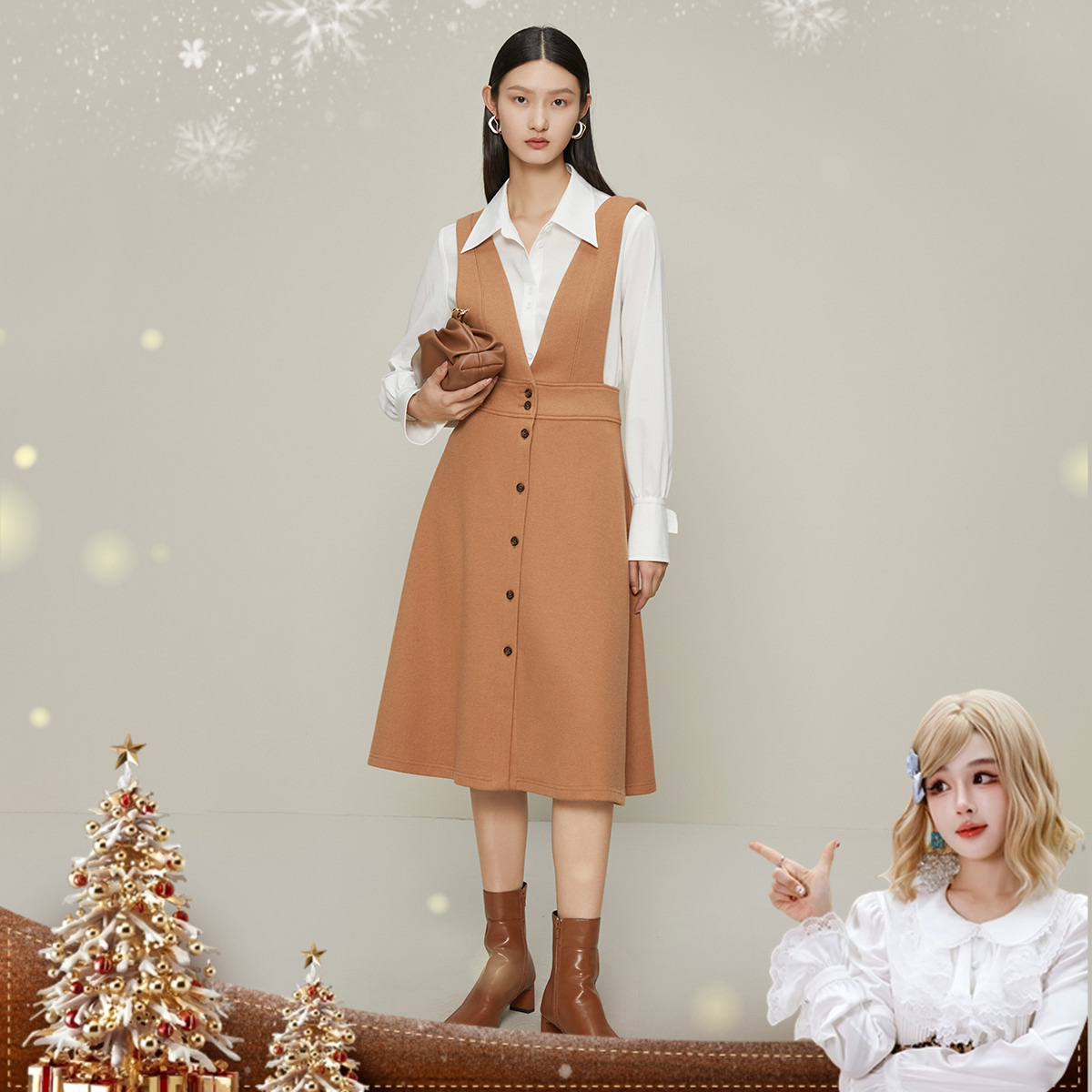 【呼呼专享】时尚复古大V领连衣裙设计感叠穿中长款背带裙M50