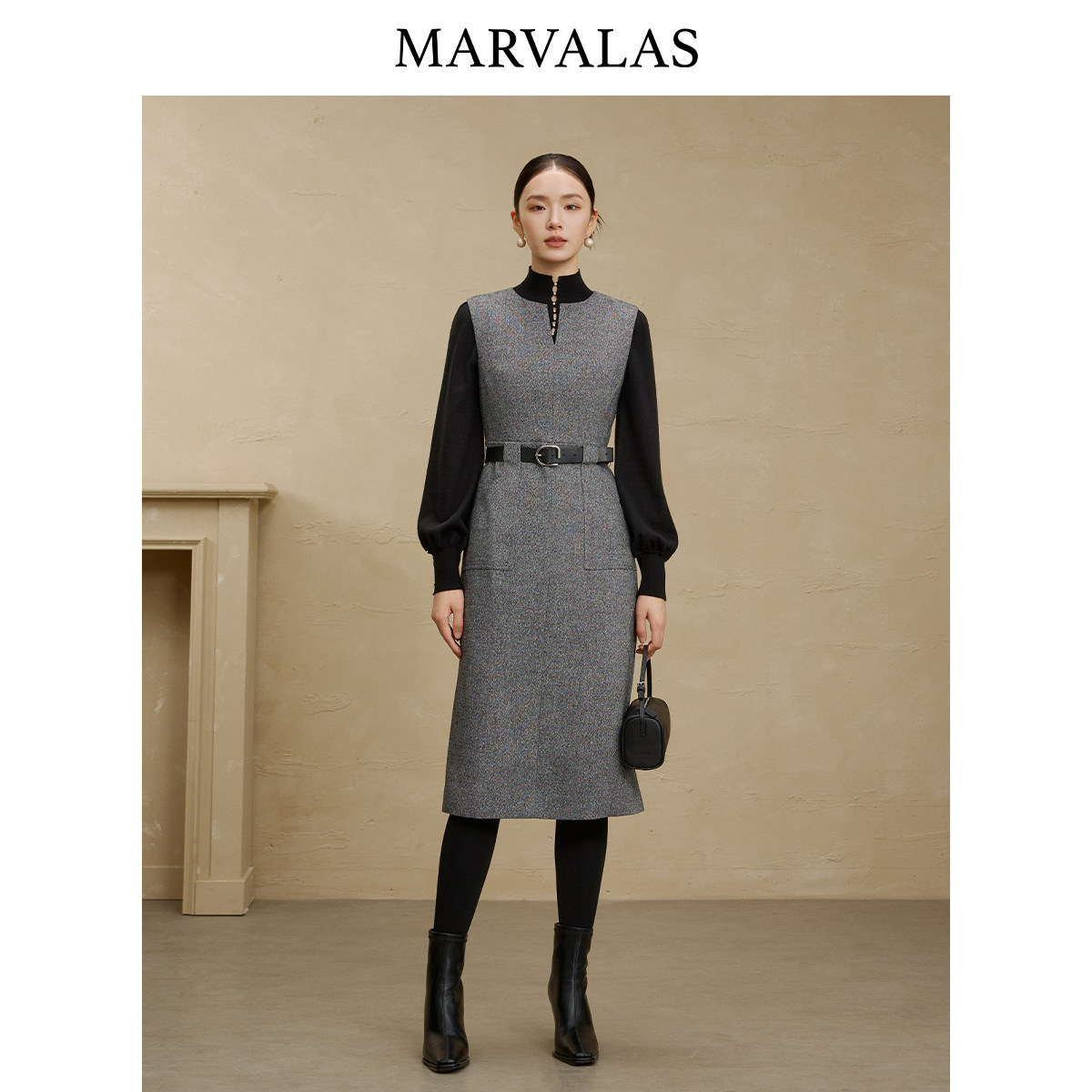 【添添粉丝专属】曼德诗收腰无袖连衣裙2025冬季新款绵羊毛混纺裙,女装/女士精品,连衣裙,淘宝优惠券,粉丝福利购,淘宝优惠卷