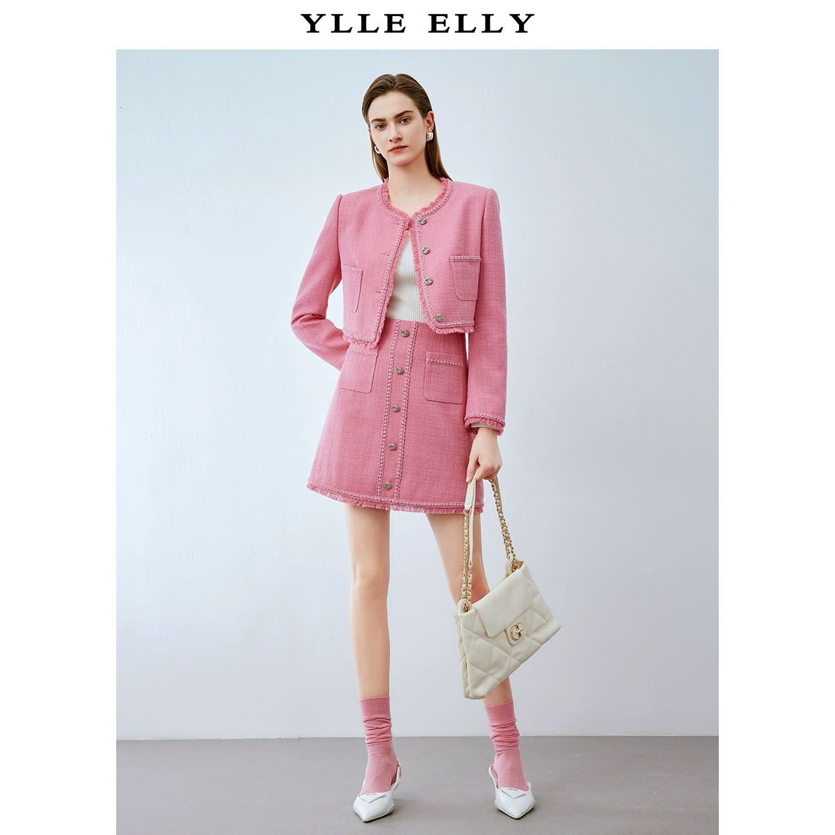 【廖廖粉丝专属】小香风款外套春季新款花呢编织流苏毛边粉上衣YC