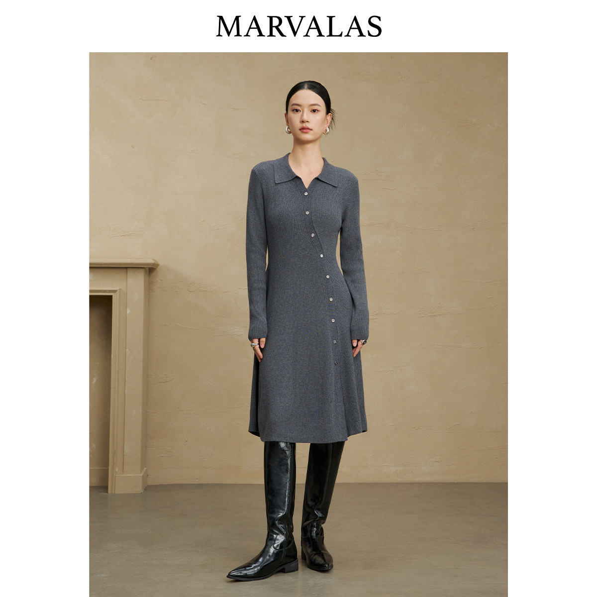 【粉丝专属】曼德诗纯色连衣裙女2025冬季新款绵羊毛混纺裙