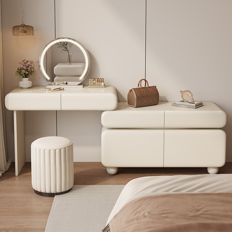 实木烤漆梳妆台奶油风现代简约化妆桌大户型卧室斗柜一体创意妆台