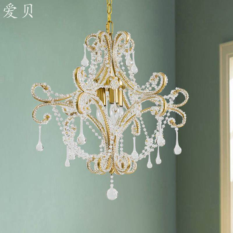 爱贝 全铜镶花绕珠水晶吊灯欧法式轻奢客厅玄关房间衣帽间卧室灯