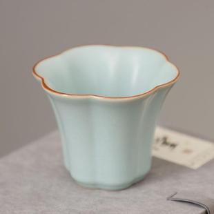 汝窑天青玛瑙入釉茶道复古手工青瓷汝瓷冰裂闻香茶杯玉兰花朵杯