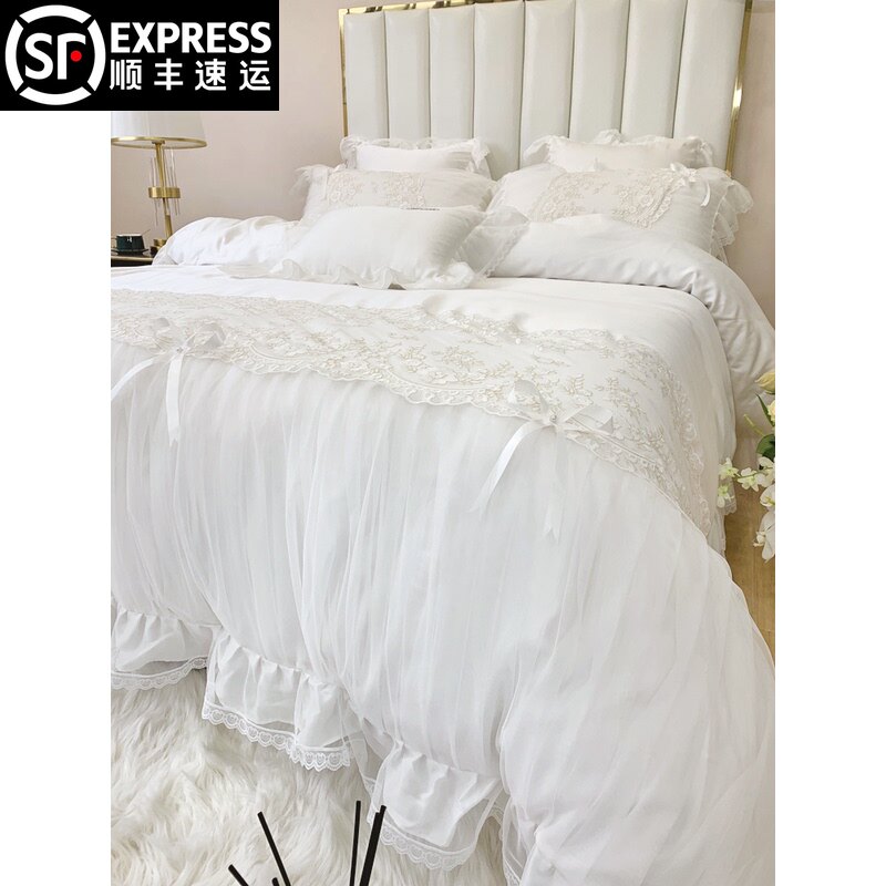 高档蕾丝双面天丝四件套冰丝公主风床裙款白色床单床上用品裸睡夏