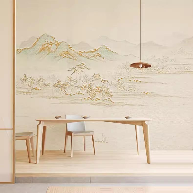 现代中式意境水墨抽象淡雅山水客厅背景墙纸壁布书房环保定制壁画