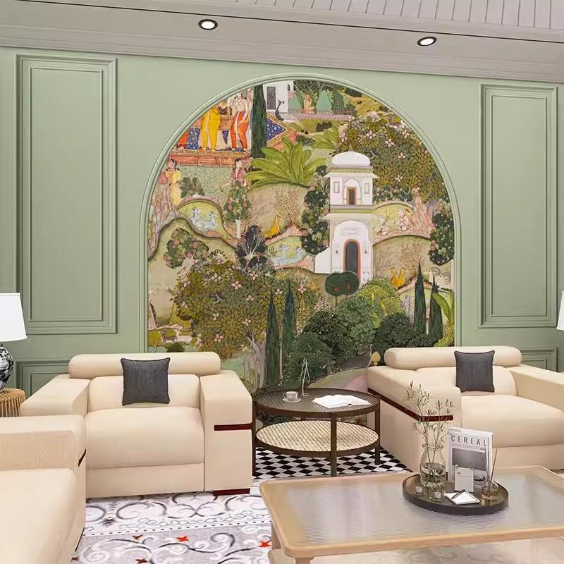 法式斋浦尔花园壁纸南洋风客厅玄关卧室床头壁布3d拱形石膏线墙纸