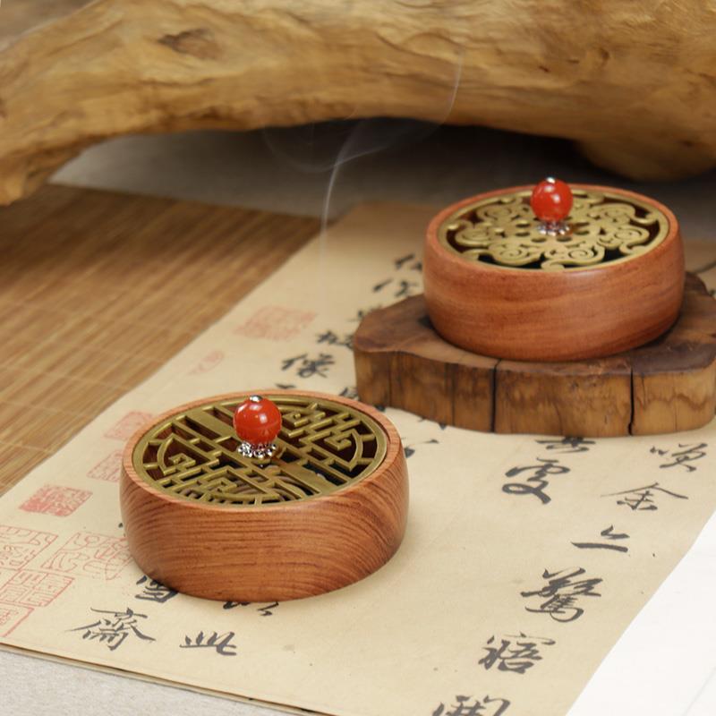 圆形盘香炉檀香炉盘花梨木香薰炉摆件纯铜盖子镂空家用室内熏香炉