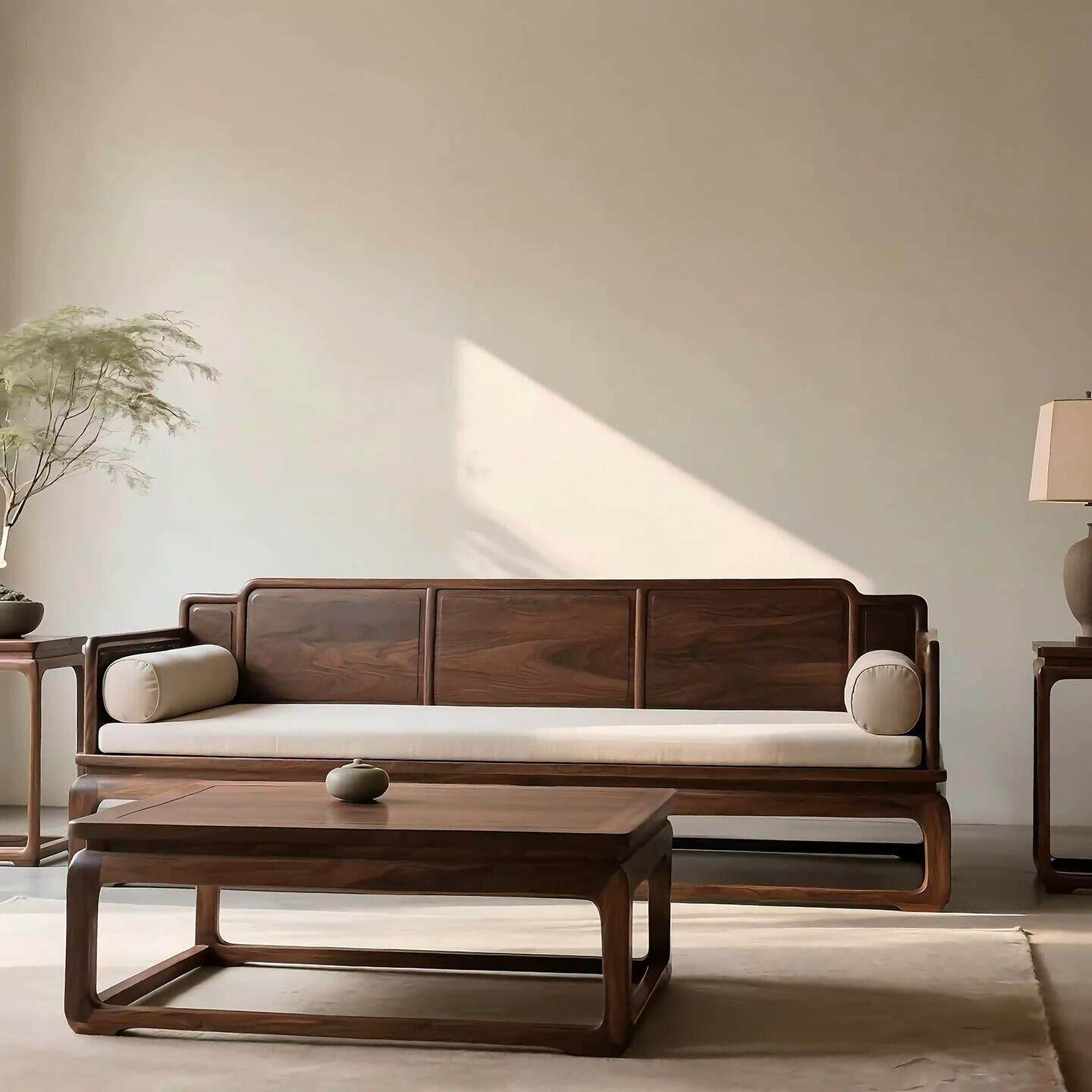 宋氏美学客厅实木沙发组合新中式北美黑胡桃木禅意罗汉床家具定制