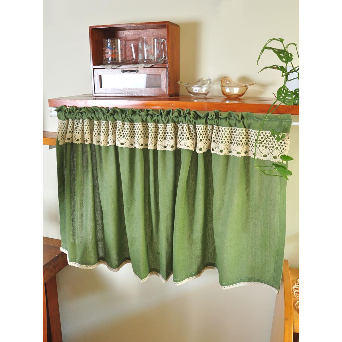 绿色棉麻短窗帘半窗帘厨房卧室免打孔魔术贴挂钩小窗帘咖啡窗帘